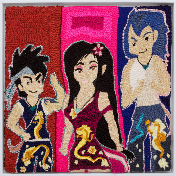‘Team Dragons, Coco, Crash & Rigo’ is a yarn on monk's cloth piece that measures 26 by 26in. It features three characters each in their own third of the composition wearing attire with gold and orange dragon accents. Each character stands in front of a different color that mimics an anime style of art. The characters look strong as demonstrated by their muscular physique.