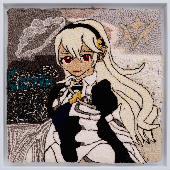  ‘The Emblem of Fates Corrin’ measures 18.5 by 18.5in and captures the essence of creativity and imagination. At its core, this yarn on monk’s cloth artwork features a composition of Corrin, a character from the video game series, Fire Emblem. The dominant colors in the piece are white and gray, with black being the dominant color in the foreground, creating a stark contrast that draws attention to the central figure and the frame surrounding it.