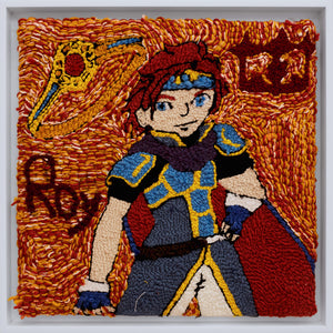 ‘Ring Of The Young Lion, Roy’ is a yarn on monk’s cloth piece by Catalina Ortega that measures 16 by 16in. It depicts a richly colored and representation of the character Roy from the Fire Emblem series. The subject’s name is on the left side of the composition along with a ring and some sort of logo in the top corners. Roy stands in front of a vibrant setting. Roy is dressed in blue armor and dons a red cape.