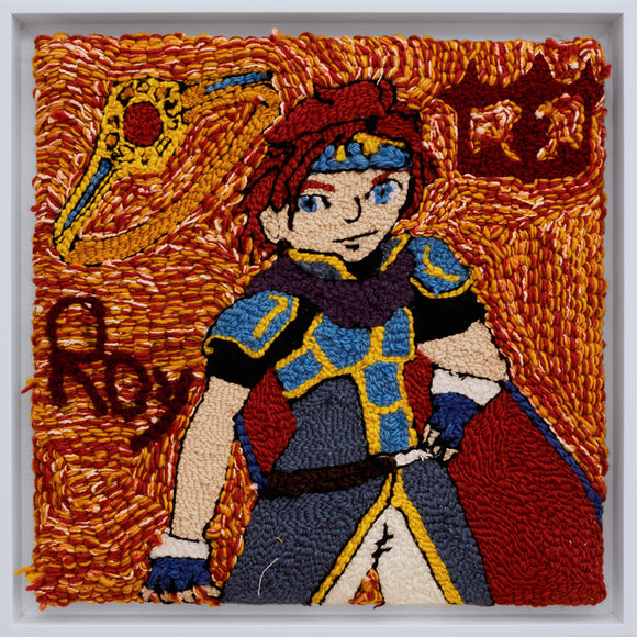 ‘Ring Of The Young Lion, Roy’ is a yarn on monk’s cloth piece by Catalina Ortega that measures 16 by 16in. It depicts a richly colored and representation of the character Roy from the Fire Emblem series. The subject’s name is on the left side of the composition along with a ring and some sort of logo in the top corners. Roy stands in front of a vibrant setting. Roy is dressed in blue armor and dons a red cape.