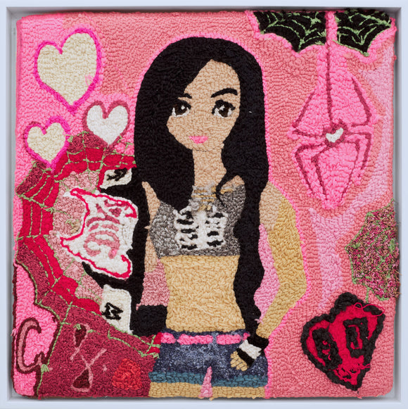 ‘A.J. Lee’ is a yarn on monk’s cloth piece that measures 21 by 20.5in. It features AJ Lee, an American author, screenwriter, and retired professional wrestler. It appears that the subject of the artwork is holding a wrestling belt, suggesting that she is the champion of her competition. The subject is surrounded by pink, red, and white designs, including hearts, spiders and abstract shapes. The dominant use of pink and magenta tones, suggest a playful approach to the entirety of the artwork.