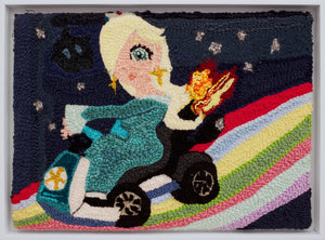 In this 15.5 x 21in yarn on monk’s cloth artwork, Catalina Ortega depicts Rosalina driving a go-kart on a rainbow road. Rosalina is a character from the Mario universe who first debuted in Super Mario Galaxy. Here she may be depicted from the video game, Mario Kart as suggested by the rainbow road and go-kart she is driving. This piece combines cartoon elements that creates a scene that is both familiar and fantastical. The use of vibrant colors add depth and interest to the composition of the piece.