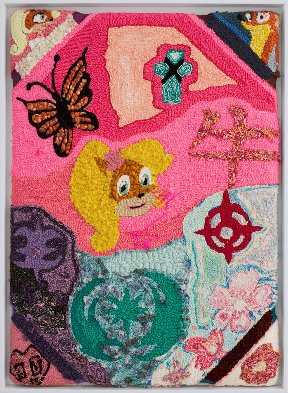 ‘My Favorites’ features a yarn on monk’s cloth piece that measures 36 by 26in. It prominently displays Coco Bandicoot, who is the central focus of the composition. The fabric's dominant colors are white and pink, with pink being the primary color in the foreground and white serving as the background color. An accent color of magenta adds vibrancy to the image. From the title of the piece, we can gather that the characters and creatures featured in the artwork are some of the artist’s favorites.