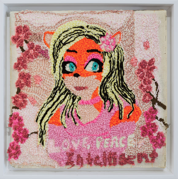 ‘Love, Peace, Intelligent, Coco’ is a yarn on monk’s cloth artwork that measures 14 by 12.5in. It depicts a colorful piece of art, encapsulating Coco Bandicoot surrounded by cherry blossoms. At the bottom of the artwork are the words ‘Love, Peace, Intelligent’ which mimic the title of the artwork. The use of vibrant colors and the emphasis on Coco Bandicoot contribute to the image's appeal, making it a captivating subject for viewers interested in the Crash Bandicoot Universe.