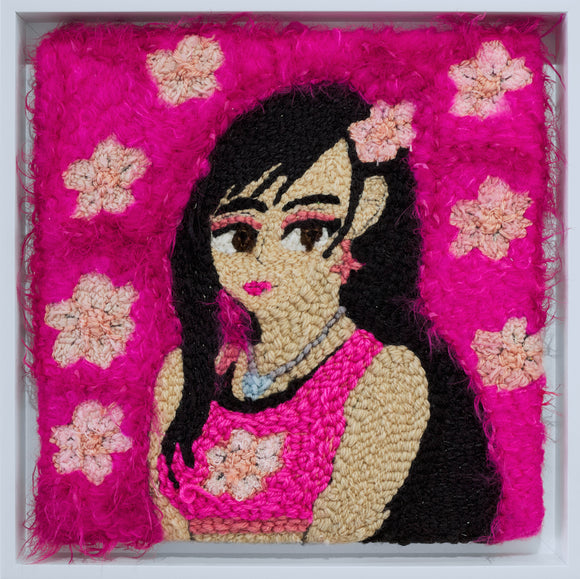 ‘Coco’s Cherry Blossom’ a yarn on monk’s cloth piece that measures 13 x 13in is a complex and vibrant piece that captures the artist’s depiction of a female character surrounded by cherry blossoms. The piece has strong shades of pink and white which create a visually striking contrast that is both appealing and eye-catching. The subject’s gaze is focused back at the viewer with a neutral look.