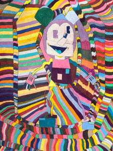 This artwork features a central cartoon-like figure composed of geometric shapes, positioned within a highly intricate, multi-colored background of undulating, parallel stripes. The vibrant, rhythmic patterns surrounding the figure create a sense of dynamic movement, while the use of bold, contrasting colors emphasizes the surreal and whimsical nature of the composition.