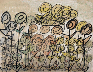 This artwork features a series of spiraling line forms that evoke the appearance of flowers, densely arranged in a layered, organic pattern. The artist uses earthy tones and layered outlines to suggest depth and texture, creating a stylized, almost chaotic representation of a botanical scene that emphasizes rhythm and repetition over realism.