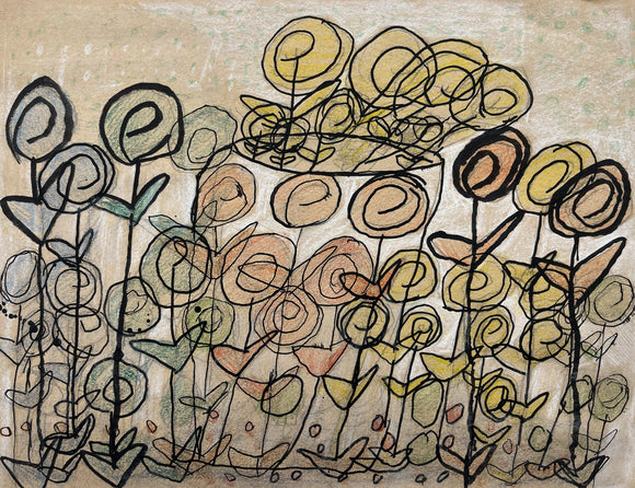 This artwork features a series of spiraling line forms that evoke the appearance of flowers, densely arranged in a layered, organic pattern. The artist uses earthy tones and layered outlines to suggest depth and texture, creating a stylized, almost chaotic representation of a botanical scene that emphasizes rhythm and repetition over realism.