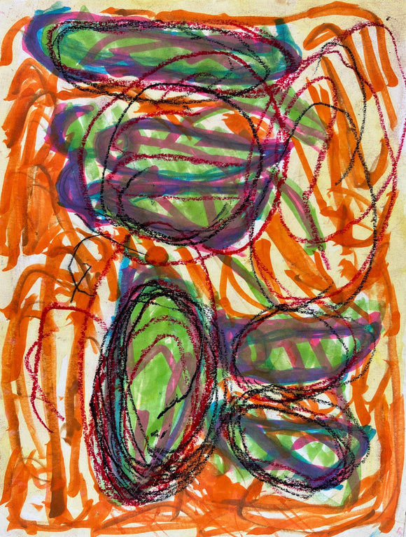 This abstract artwork features large, overlapping ovoid shapes outlined in bold, irregular strokes, with layers of green, purple, and orange hues creating a visually dynamic composition. The dense, expressive lines and saturated colors suggest an exploration of form and movement, as well as a tension between order and spontaneity within the image's structure.
