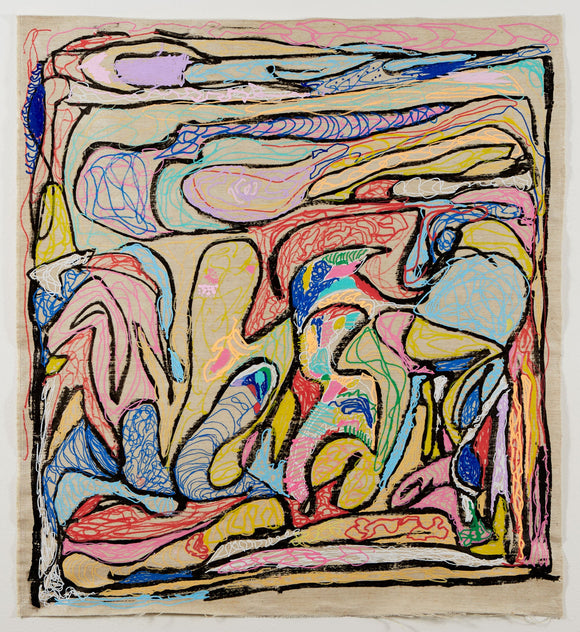 This abstract artwork is composed of interwoven, organic forms outlined in black, filled with intricate patterns in vibrant shades of pink, blue, yellow, and green, creating a visually complex tapestry of shapes. The layered lines and overlapping colors generate a sense of depth and fluidity, evoking themes of movement and interconnection within a contained, almost biomorphic structure.