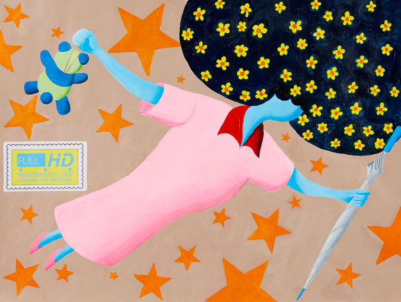 This surreal painting features a blue-skinned figure in a pink dress floating amidst orange stars, holding a toy and an umbrella, with a head composed of a dark, flower-studded expanse resembling the night sky. The juxtaposition of whimsical  elements with celestial motifs and the inclusion of a 