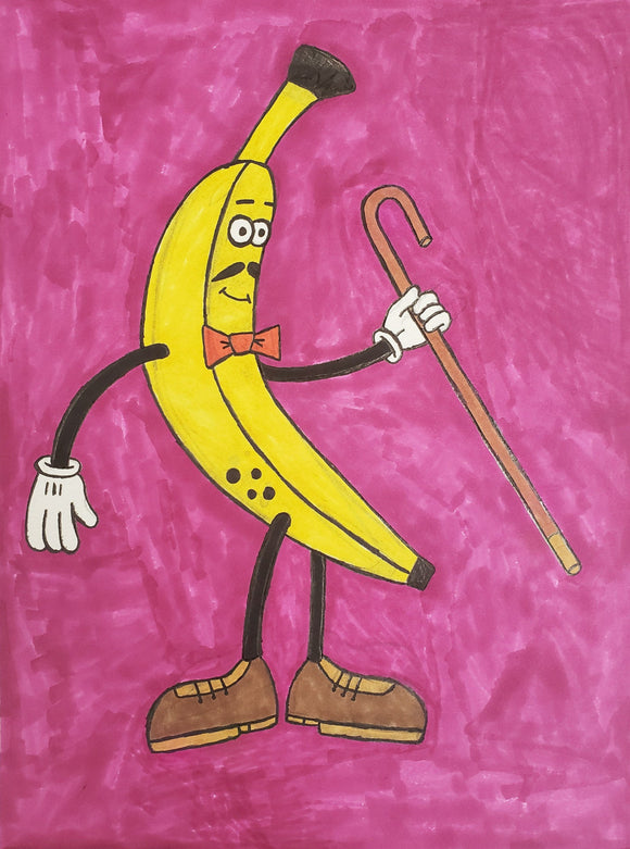 This illustration portrays an anthropomorphic banana character, dressed in a bow tie, mustache, gloves, and shoes, holding a cane and set against a solid magenta background. The playful composition combines visual humor with elements of classic cartoon iconography, using simple line work and bold colors to emphasize the character’s whimsical, personified features.
