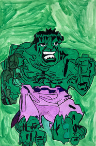 This illustration presents an expressive depiction of a muscular green figure, characterized by bold, thick outlines and vibrant colors, conveying a sense of intensity and movement. The exaggerated forms and use of contrasting green and purple create a visually dynamic composition, emphasizing the character's power and emotional intensity within the abstracted background.