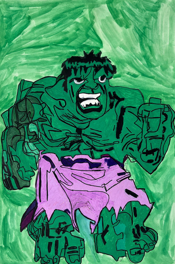 This illustration presents an expressive depiction of a muscular green figure, characterized by bold, thick outlines and vibrant colors, conveying a sense of intensity and movement. The exaggerated forms and use of contrasting green and purple create a visually dynamic composition, emphasizing the character's power and emotional intensity within the abstracted background.