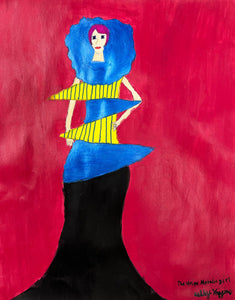 This artwork portrays a stylized female figure set against a bold red background, characterized by exaggerated blue hair, a yellow and blue striped garment with geometric extensions, and a flowing black lower half. The contrast of bright colors and dynamic forms creates a visually striking composition that emphasizes both surreal fashion elements and the individuality of the figure, labeled as "The Stripe Metallic Girl."
