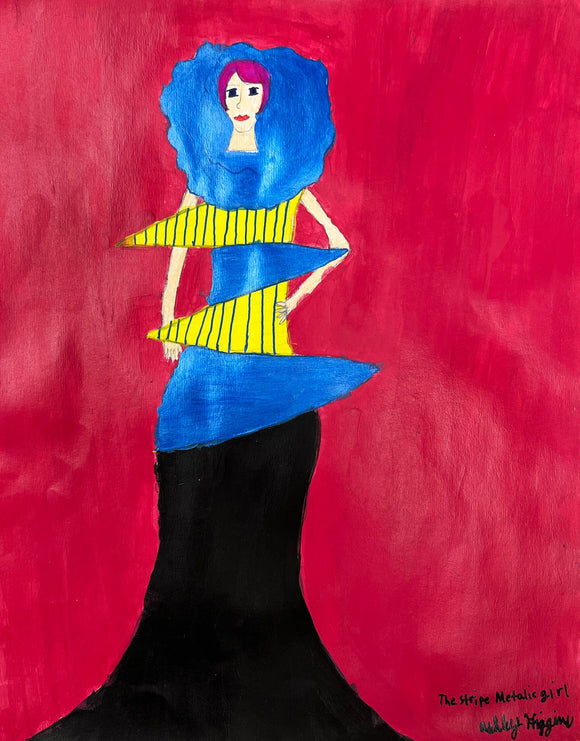 This artwork portrays a stylized female figure set against a bold red background, characterized by exaggerated blue hair, a yellow and blue striped garment with geometric extensions, and a flowing black lower half. The contrast of bright colors and dynamic forms creates a visually striking composition that emphasizes both surreal fashion elements and the individuality of the figure, labeled as 