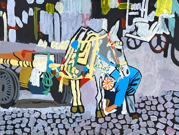 The image presents a stylized depiction of a horse-drawn cart scene, emphasizing the intricate harness and decorations on the horse as well as the cobblestone street. The composition employs bold colors and abstract shapes to convey details, with the figure of a person in blue positioned next to the horse, evoking an urban environment and highlighting the dynamic interaction between human and animal.