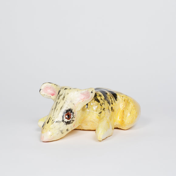 ‘Eastern Barred Bandicoot 1’ is a glazed ceramic piece of an animal by the same name. It is yellow in color and has accents of a dark brown that make up non linear shapes on its body. The ceramic piece measures 4 by 9 by 7in in size. 