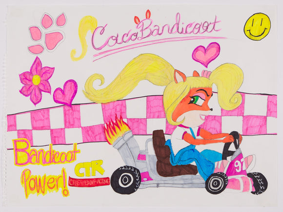 ‘Bandicoot Power CTR’ is a marker and colored pencil on paper piece by Catalina Ortega, measuring 18 x 24”. It features Coco Bandicoot looking backwards while driving a go-kart with a pink checkered stripe flowing behind her. The words ‘Coco Bandicoot’ are at the top of the artwork while the words ‘Bandicoot Power CTR’ are at the bottom left of the artwork. A pink footprint, flower and heart take up space in the top left of the artwork with another pink heart and a yellow smiley face in the upper right. 

