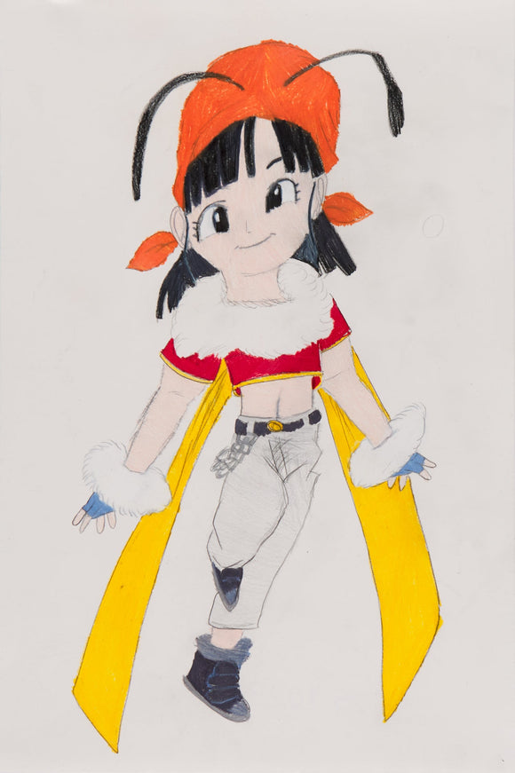 ‘Bee Pan From Dragon Ball GT 2003’, is a colored pencil on paper artwork that measures 18 x 12”. In this artwork, Dragon Ball-character Bee Pan smiles with two antennae emerging from her forehead through her orange beanie. The character has yellow wings that suggest that she’s floating. She wears a smile, a red crop top, white pants, black boots and blue fingerless gloves. She is drawn over a blank white background.