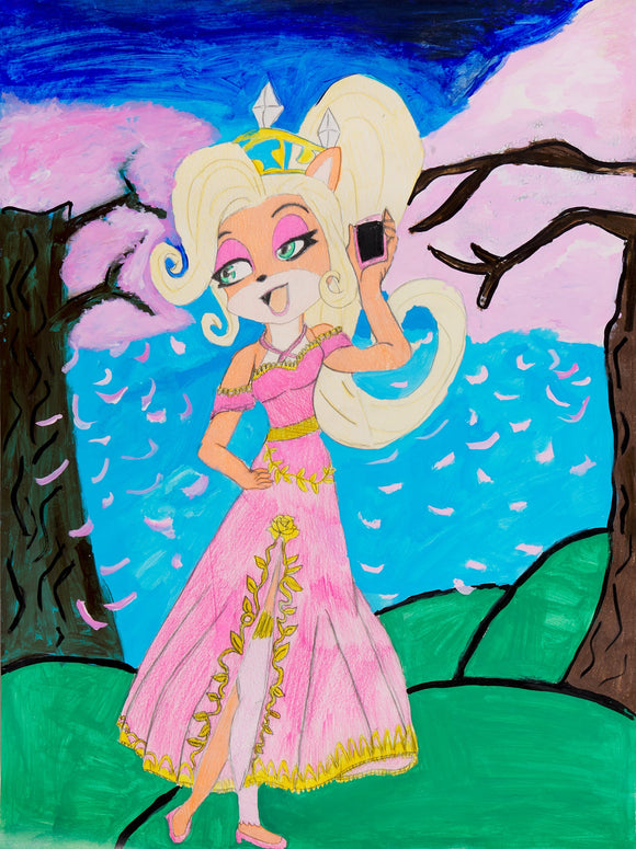 ‘Coco 25 Before 25’ is an acrylic and colored pencil and graphite on paper piece by Catalina Ortega. In the center of the frame is Coco Bandicoot wearing a pink dress and crown. She appears to be holding a cellular device with her left hand and is looking in the opposite direction. With one hand on her hip she appears to be in mid-conversation. She stands on a green hill in front of cherry blossom trees. At the top of the artwork is a dark blue sky that gradually softens to a lighter blue as it descends. 
