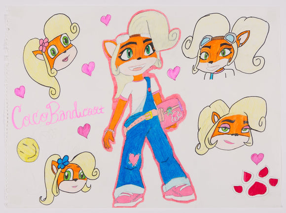 ‘Coco Bandicoot’ is a marker and colored pencil artwork on paper that measures 18 x 24”. It features Coco Bandicoot in the center of the artwork with a pink outline. Around her are four floating heads of the same character in slightly different styles. The name Coco Bandicoot is written in pink cursive on the left of the artwork with six decorative little pink hearts that scatter the white space of the piece. In the bottom right corner is a red paw print.