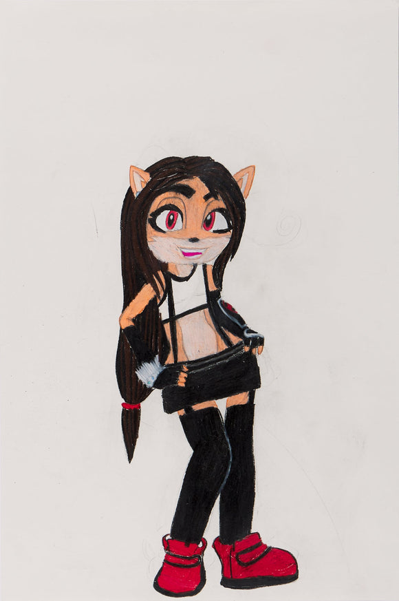 ‘Coco Cosplaying As Tifa Lockhart’ is a colored pencil on paper piece that measures 18 x 24”. As the title suggests, the subject of the artwork, Coco Bandicoot, is dressed up in a cosplay costume representing Tifa Lockhart, a character from the Final Fantasy VII series. The artwork features a Coco figure posing in front of a white background. She is wearing a black skirt, a white crop top, black leggings, long black fingerless gloves, and red sneakers. 