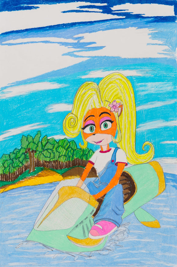 ‘Coco Drives A Speed Boat In The Ocean’ is a colored pencil and graphite artwork that measures 18 x 24”. Like the title suggests, we see Coco Bandicoot driving a speedboat in the ocean. She is wearing her classic outfit: a plain white shirt, blue overalls, and pink sneakers. A pink flower rests in her hair above her left ear. The speed boat that she drives is a mint color with yellow accents and a brown seat. She appears to be off the coast of a tropical island with white cirrus clouds floating above.