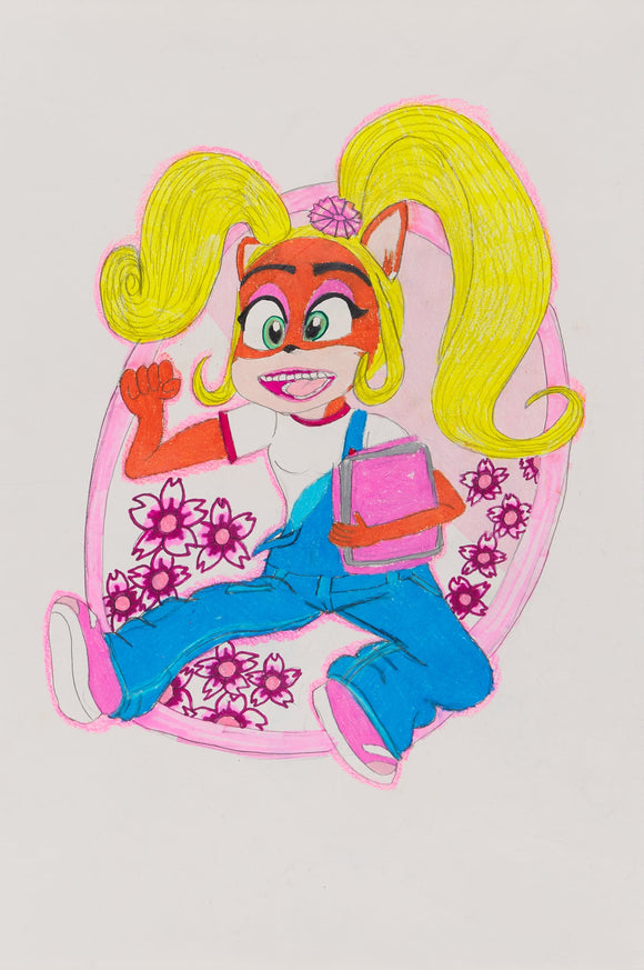 ‘Coco’s Cherry Blossom Zodiac’ is a colored pencil artwork that measures 18 x 12”. It features Coco Bandicoot in a high jumping kick pose in front of scattered cherry blossom flowers. Coco is smiling with a pink folder in her left arm. She is wearing pink shoes, a white t-shirt, and blue overalls with one strap left undone. The background is a pink circle almost creating a sticker or portal that Coco is jumping out of.