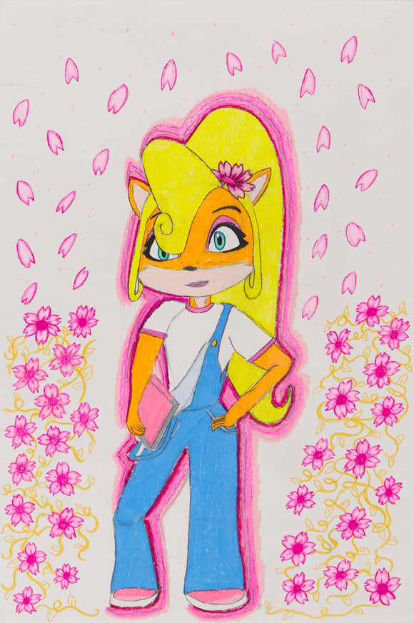 ‘Coco’s Cherry Love Blossom’ is a colored pencil on paper artwork that measures 18 x 12”. It features Coco Bandicoot outlined by a pink aura surrounded by cherry blossom flowers and petals with yellow vines. The upper half of the artwork contains loose cherry blossom petals while the bottom half consists of detailed full cherry blossom flowers.