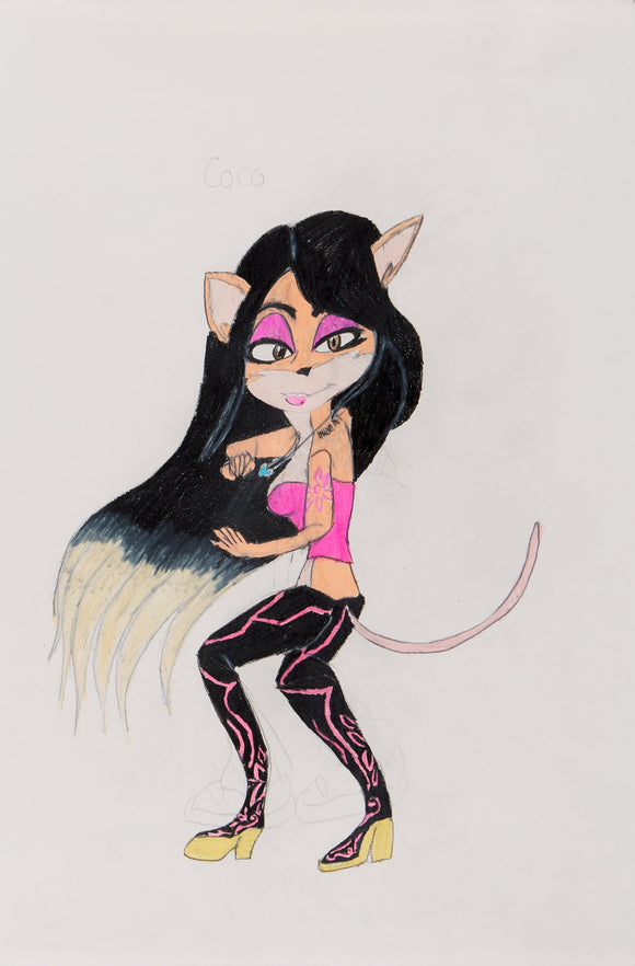 ‘Coco’s Moveset The Adventures of Crash and Coco Bandicoot Quest’ is a colored pencil on paper artwork that measures 18 x 12”. It features what appears to be Coco Bandicoot–a character from the Crash Bandicoot universe–wearing a different outfit than usual. She is in a fighting pose with long black swaying hair and black tights with pink line designs on them. In this artwork Coco Bandicoot now has a tail. She looks at the viewer with a confident gaze, almost inviting them to fight her.