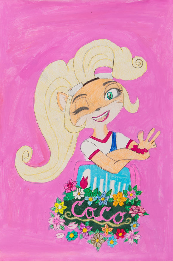‘Coco’s Pink Flowers’ is an acrylic and colored pencil on paper artwork measuring at 18 x 12”. Coco’s upper body is the main subject of this piece as she floats behind a wreath of flowers with her name spelled in pink cursive. She has one eye closed and is smiling with her arms crossed in front of her. Her right hand throws up three fingers. The background is composed of a hot pink color that is sure to invite the audience’s attention to the main subject. 