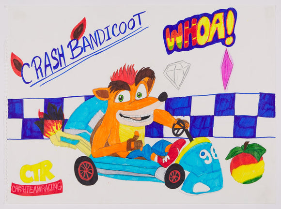 ‘Crash Bandicoot’ is a marker and colored pencil artwork that measures 18 x 24”. It features the main character from the series, Crash driving a blue go-kart with his name above him and the word ‘Whoa’ in the upper right section of the composition. Displayed in the background is a blue and white checkered finish line. Crash is holding up his right hand with the thumbs up symbol. In the bottom left corner of the artwork is a logo that displays ‘CTR Crash Team Racing’. In the bottom right is a colorful fruit.