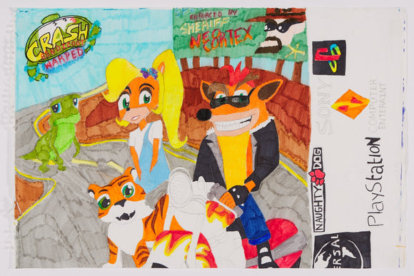 ‘Crash Bandicoot Warped’ is a marker and colored pencil artwork that measures 18 x 24”. It appears to be a recreation of the video game cover with the same name. In the artwork, Crash Bandicoot wears a leather jacket while sitting atop a red motorcycle. To his right is his sister, Coco Bandicoot and a small tiger. Behind them is a small dinosaur with a seemingly concerned look on its face. The far right of the artwork contains the branding logos for numerous companies including PlayStation and Naughty Dog.