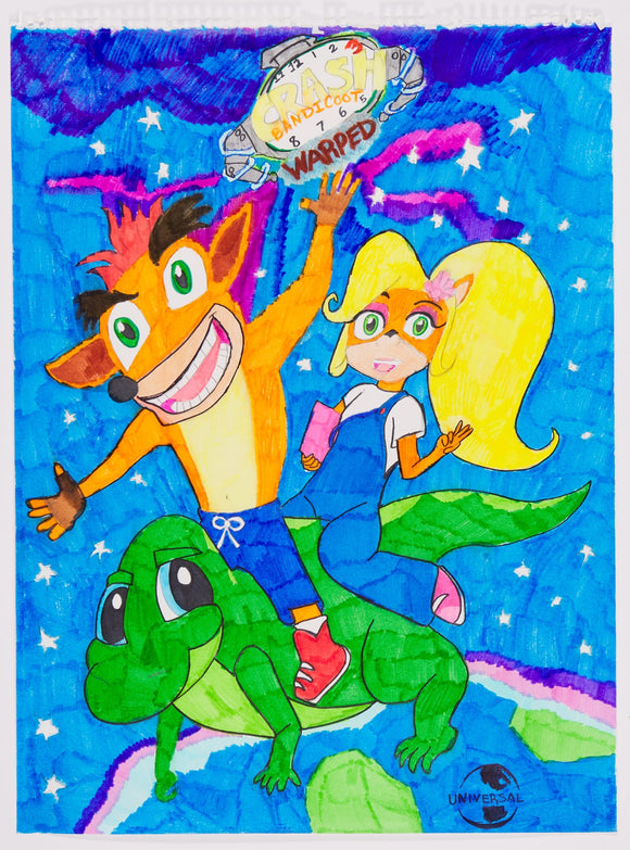 ‘Crash Bandicoot Warped 3’ is a marker and colored pencil on paper artwork that measures 24 x 18”. It features the two siblings, Crash and Coco Bandicoot riding a green dinosaur-like figure. The three subjects in the piece are surrounded by a blue sky and white five point stars. At the top of the artwork is a clock that contains the words ‘Crash Bandicoot Warped’. Upon closer inspection, it appears that Crash and Coco are using the dinosaur to fly above Earth and into space.