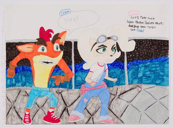 ‘Crash and Coco’ is a marker and colored pencil artwork on paper that measures 18 x 24”. It features the two siblings from the Crash Bandicoot universe, Crash and his younger sister, Coco. The two stand in an athletic pose with their eyes fixated on what appears to be an enemy. There are two speech bubbles above the two siblings indicating that they’ll take down some thieves and bring back some crystals. They stand on a concrete-like surface in front of a space-like background.
