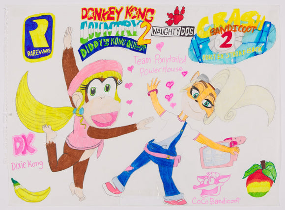 ‘Donkey Kong Country Diddy Kong Quest 2’ is a marker and colored pencil artwork that measures 18 x 24”. It contains an eclectic display of characters, logos, fruit, and icons all from the Donkey Kong and Crash Bandicoot universes. Front and center, we have Dixie Kong and Coco Bandicoot. They appear to be in happy moods indicated by their smiles and body language. Between the two characters are the words ‘Team Ponytailed PowerHouse’.