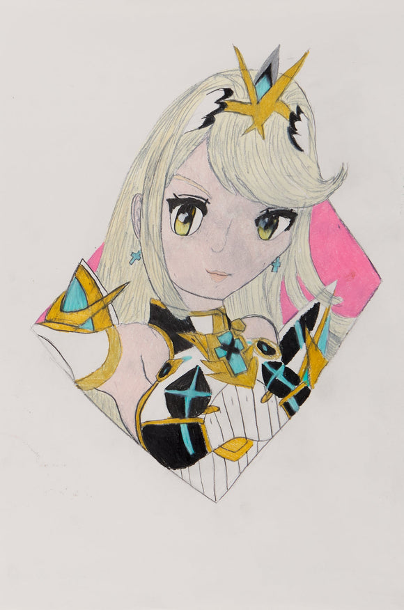 ‘Mythra’s Icon Diamond Super Smash Bros Ultimate’ is a colored pencil on paper artwork that measures 18 x 12”. It contains Mythra, a blonde woman, from the Xenoblade Chronicles video game series. She is wearing an elegant crown and matching outfit. The color palette of the outfit is made of white, gold, teal and accents of black. The woman emerges from a pink diamond as if the composition is supposed to represent an icon from a larger representation.
