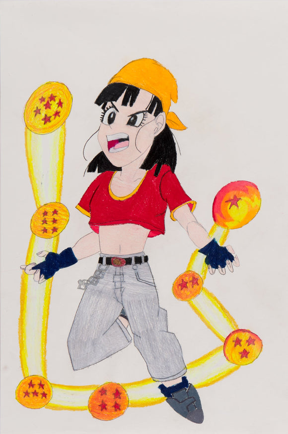‘Pan Collecting the 7 Dragon Balls’ is a colored pencil on paper artwork that measures 18 x 12”. It features Pan, a character from the Dragon Ball series in an aggressive pose suggesting that she is ready to fight. Surrounding her are the seven Dragon Balls–amber colored orbs with red stars increasing from one to seven. Pan’s face looks to be hostile and judging from the pose she is in, she appears to be angry.