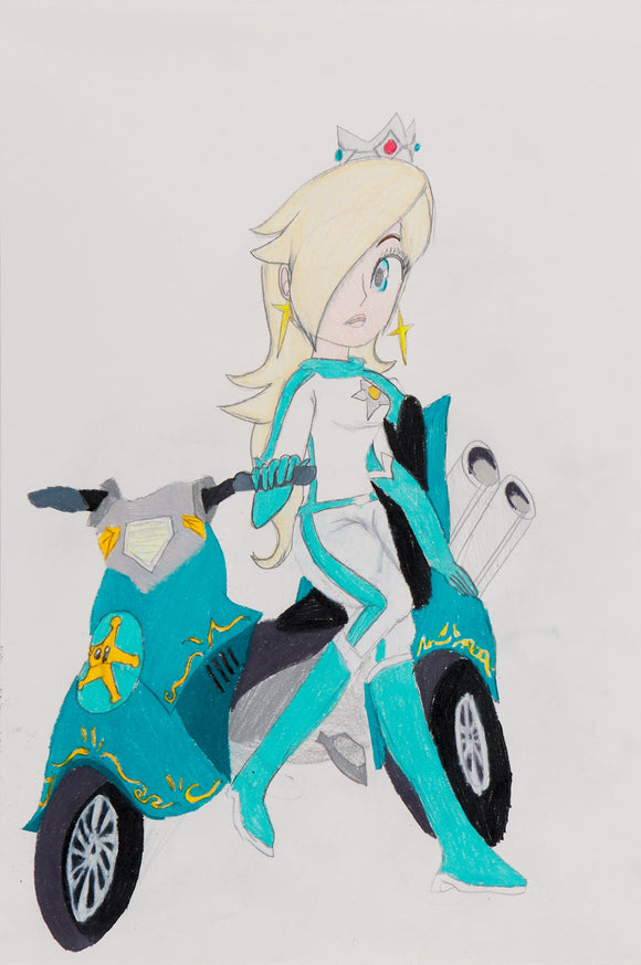 ‘Princess Rosalina With Her Motorcycle’ is a colored pencil on paper artwork that measures 18 x 12”. It features Rosalina, the character from the Mario video game series. Rosalina is wearing a white and teal racing suit and leaning against a matching motorcycle. Atop her head is a silver crown with a red and two blue gems. The motorcycle has a star on the front of it and contains accents of gold designs throughout the exterior. Rosalina leans against the bike as if waiting for something.