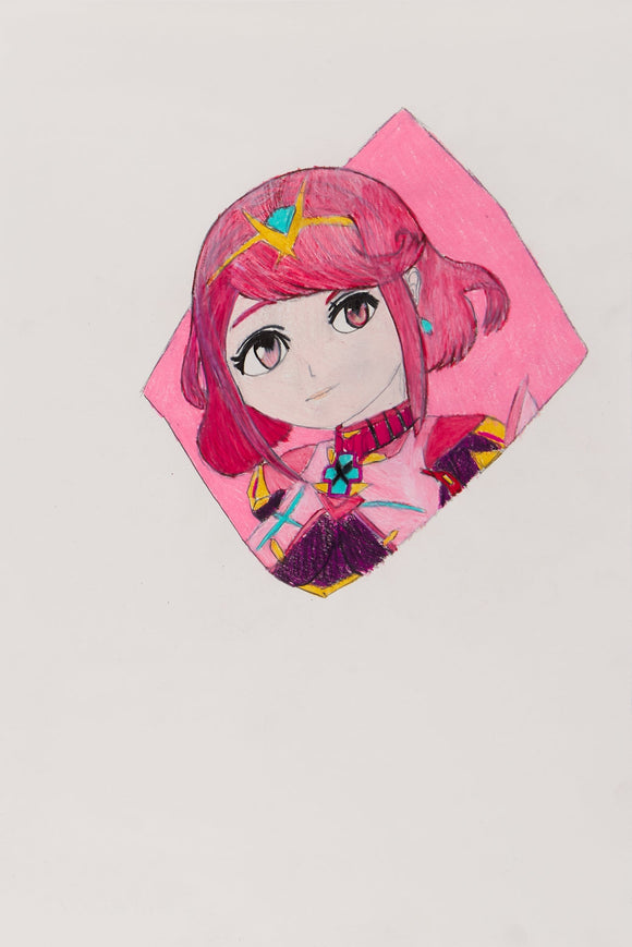 ‘Pryas Icon Diamond Super Smash Bros Ultimate’ is a colored pencil on paper artwork that measures 18 x 12”. It features Pyra, a character from the Xenoblade Chronicles franchise, known for her red hair and matching outfit. Pyra’s head is center frame with a pink diamond in the background. In this artwork she is clad in elaborate armor colored in shades of red and a gold crown that bears a teal jewel. She gazes back at the viewer with a gentle look and a soft smile.
