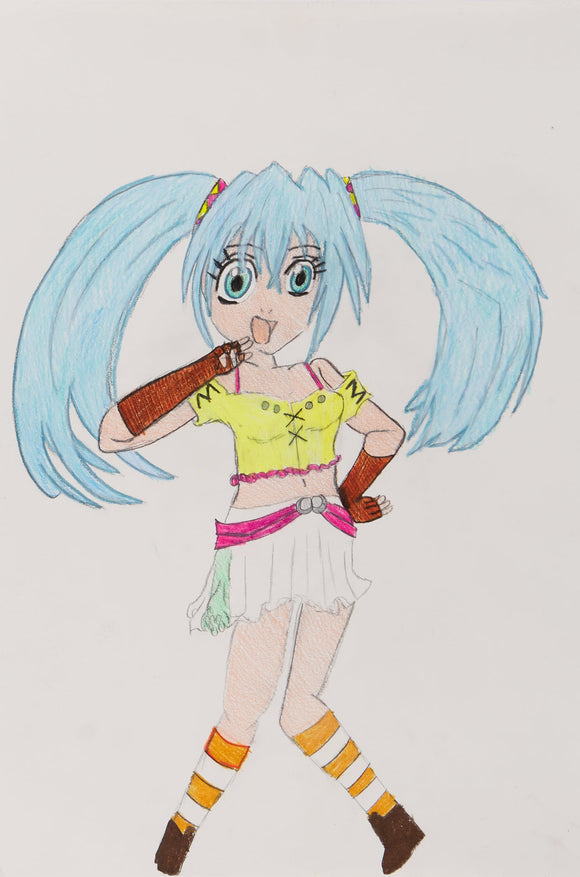 ‘Runo Bakugan Battle Brawlers’ is a colored pencil artwork that measures 18 x 12”. It features Runo Misaki, a character from the Bakugan Battle Brawlers series. She is drawn as if posing for a picture, with both of her knees bent outward, one hand on her hip, while the other is playfully in front of her chin. She has long light blue hair with matching eyes. She is wearing a yellow shirt, a white skirt, striped socks and brown shoes. The artwork suggests that Runo has a positive and playful personality.