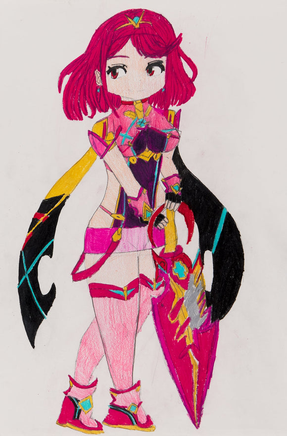 ‘The Aegis Fire Lady Pyra’ is a colored pencil on paper artwork that measures 18 x 12”. The artwork features Pyra, a character from the Xenoblade Chronicles video game series. She is wielding what appears to be a red sword decorated with gold, silver, and teal. Her outfit matches the color scheme and has a flowing split cloak that hangs from her shoulders. She is gazing off the left of the artwork with a soft smile.