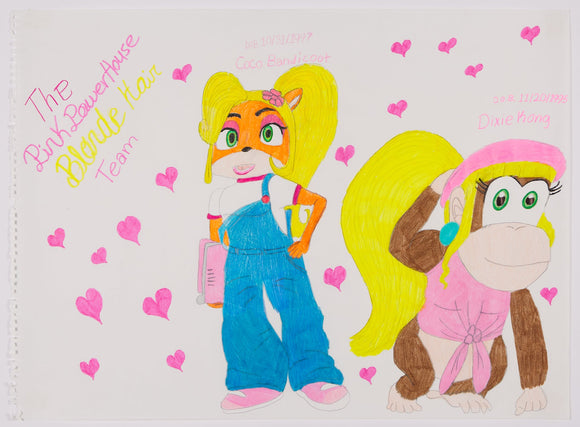 ‘The Pink Power House Blond Hair Team’ is a colored pencil and graphite artwork that measures 18 x 24”. It features Coco Bandicoot and Dixie Kong surrounded by pink hearts. Above each of the characters’ heads are their respective names and birthdates: Coco Bandicoot 10/31/1997. Dixie Kong 11/20/1995. The two characters stand composed and look back at the viewer with a neutral gaze. The text on the left of the artwork reads the same as the title: The Pink PowerHouse Blond Hair Team.