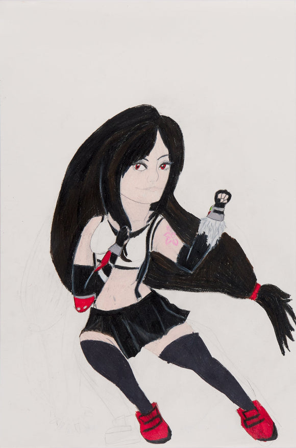 ‘Tifa Lockhart Dolphin Kick’ is a colored pencil on paper artwork that measures 18 by 12in. It features the Final Fantasy VII character, Tifa Lockhart, in a fighting position. Her fists are raised and she has most of her weight placed on her back foot. Her gaze is focused on the viewer. The subject is wearing a primarily black outfit from her gloves to her skirt and socks. She wears a white tank top and deep red shoes. Her hair is swooping in a long ponytail, held together by a red hair tie.