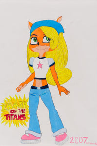 ‘Titan Coco Crash of the Titans 2007’ is a colored pencil on paper artwork that measures 18 x 12”. It features Coco in a crop top shirt with a pink star on it and blue jeans. Her long blonde hair is held together by a blue bandana and she’s wearing pink shoes. The words ‘Crash of the Titans’ are displayed at the bottom left of the artwork, outlined by an ostentatious yellow sticker. In the bottom right of the picture there is pink text that reads ‘2007 10 years old’.
