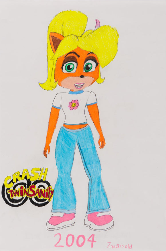 ‘Twinasanity Coco’ is a colored pencil on paper artwork that measures 18 x 12”. It features Coco Bandicoot wearing a white t-shirt that has a pink flower in the middle. She is also wearing light blue pants and pink shoes. The words ‘Crash TwinSanity’ are on the left side of the picture with pink text below Coco’s feet, which reads ‘2004 7 years old’. The subject is staring back at the viewer and appears to be smiling.