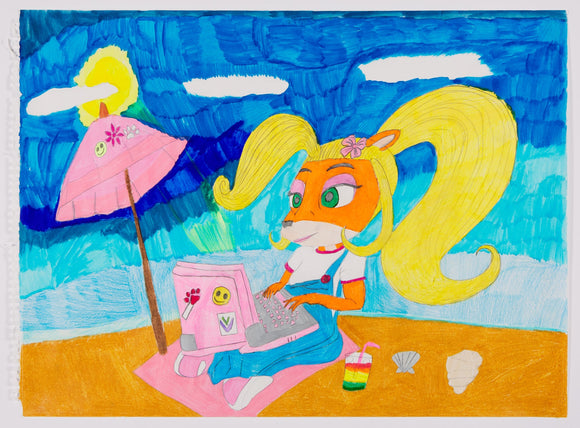 ‘Untitled 1’ is a marker and colored pencil artwork that measures 18 x 24”. It features Coco Bandicoot, a character from the Crash Bandicoot universe sitting on a beach, working on her pink laptop. Next to her are two shells and a rainbow colored beverage. She sits on a pink towel and has a pink umbrella nearby to provide shade. The sky is a deep and rich blue that slowly becomes lighter as it descends to the ocean.
