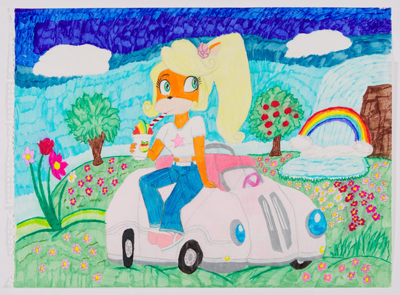‘Untitled 2’ is a marker and graphite artwork that measures 18 x 24”. It features Coco Bandicoot drinking a colorful beverage through a striped straw while sitting on a rose colored car. The background is composed of a waterfall with a rainbow that stretches from each end, multiple trees, and a bed of wildflowers that line the patches of green grass. The dark sky is eclipsed by two soft white clouds. The composition is a scenic one, capturing a still moment in a busy world.