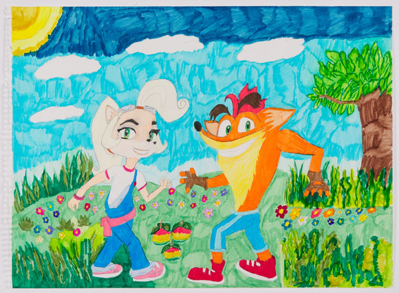 ‘Untitled 3’ is a colored pencil on paper artwork that measures 18 x 24”. It features the two siblings from the Crash Bandicoot Universe, Crash and Coco who appear to be caught off guard looking over their shoulder back at the viewer. The two characters stand in a green plain full of tall grass, colorful fruit, and an eclectic assortment of different colored wildflowers. Both figures are smiling. A golden glow resembling the sun can be seen in the upper left corner of the artwork.